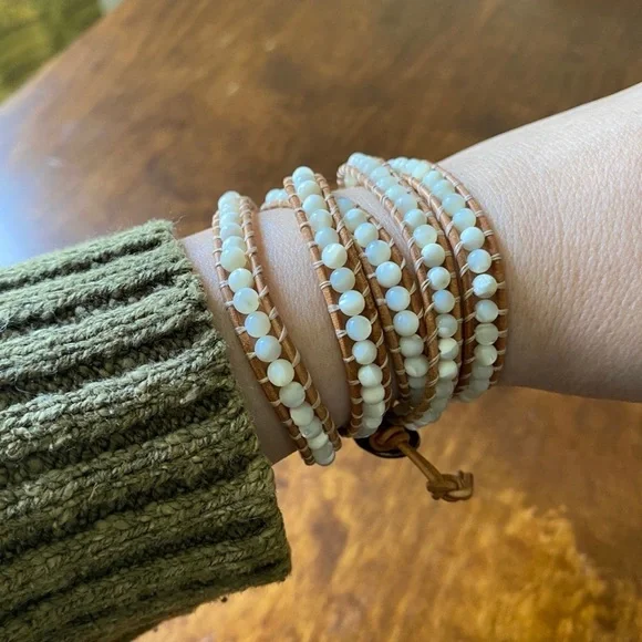Handmade Leather & Mother of Pearl Beads Wrap Bracelet - Picture 1 of 6